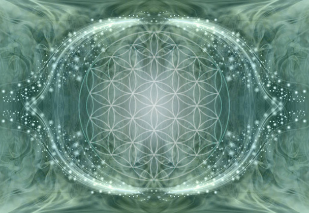 A flor da vida Mandala fundo - Jade fundo energia etéreo verde com foco suave flor central de padrão de símbolo de vida
  - Foto, Imagem