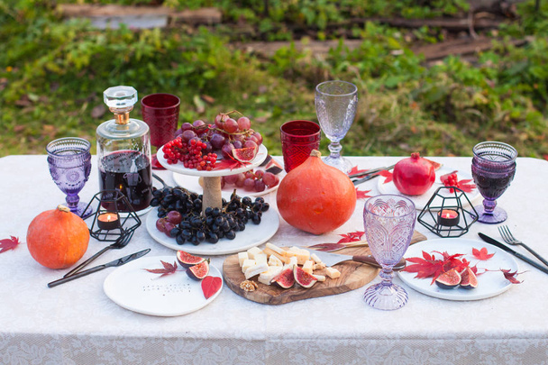 Decorated garden picnic table with bottle of wine, glasses, grapes, pumpkins, figs, charcuterie and cheese board and red berries and maple leaves.  Outside location.  - Foto, immagini