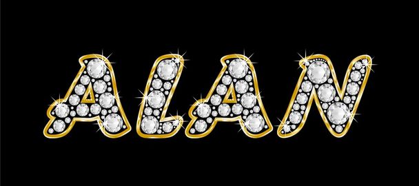 το όνομα alan γραμμένο bling διαμαντιών, με λαμπρό, λαμπρό χρυσό πλαίσιο - Φωτογραφία, εικόνα
