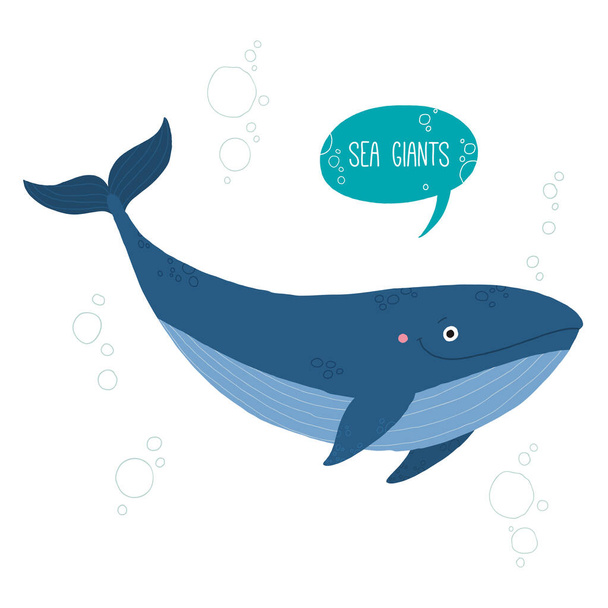 Blauwe walvis stripfiguur glimlachend. Cartoon vector hand getrokken eps 10 illustratie geïsoleerd op witte achtergrond in een platte stijl. - Vector, afbeelding