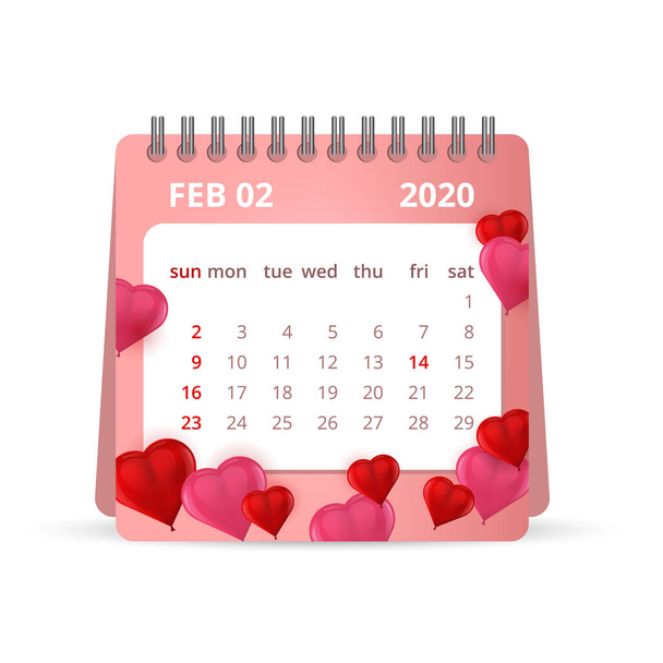 Luty 2020 Kalendarz z balonami serca. Kalendarz izolowany na białym tle. - Wektor, obraz
