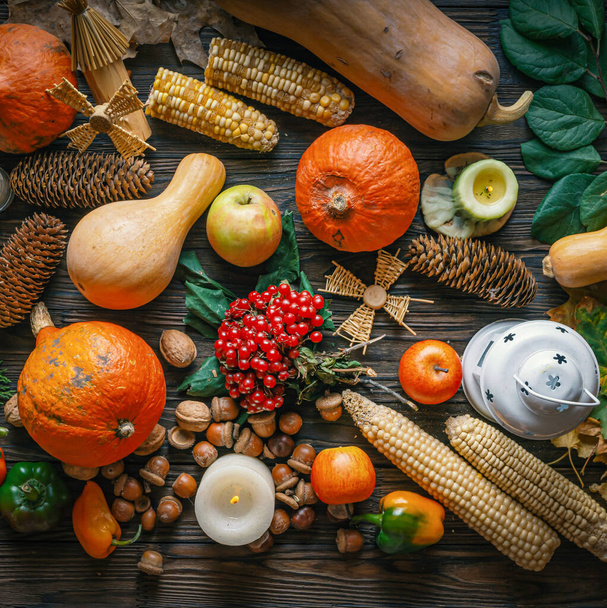 Erntebauernhof, Bauernkürbisse, frische Ernte, Orangenkürbisse, glückliches Erntedankfest, Ernteherbst, Herbsternte - Foto, Bild