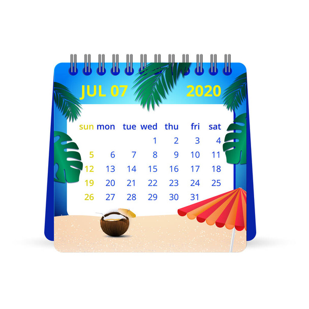 Heinäkuu 2020 Kalenteri Kuvitus. Yhden kuukauden kalenteri, Viikko alkaa sunnuntaina
 - Vektori, kuva