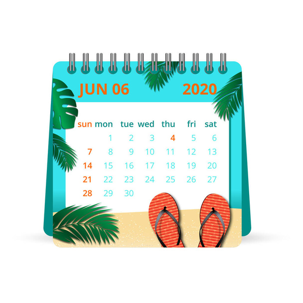 Červen 2020 Kalendář Ilustrace. Jeden měsíční kalendář, týden začíná v neděli. Vektor - Vektor, obrázek
