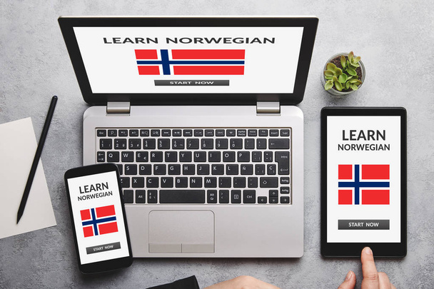 Opi Norjan konsepti kannettavan tietokoneen, tabletin ja älypuhelimen näytöllä
 - Valokuva, kuva