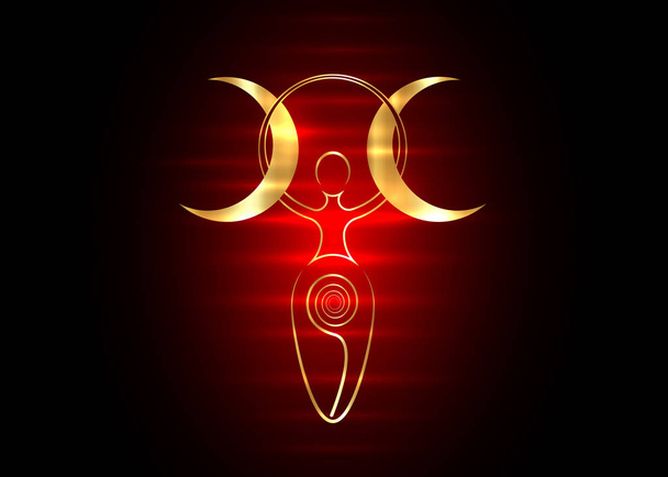 χρυσό σπιράλ θεά της γονιμότητας και τριπλό φεγγάρι Wiccan. Ο κύκλος της ζωής, του θανάτου και της αναγέννησης. Χρυσή γυναίκα Wicca μητέρα γη σύμβολο της σεξουαλικής αναπαραγωγής, διάνυσμα τατουάζ νέον σύμβολο  - Διάνυσμα, εικόνα