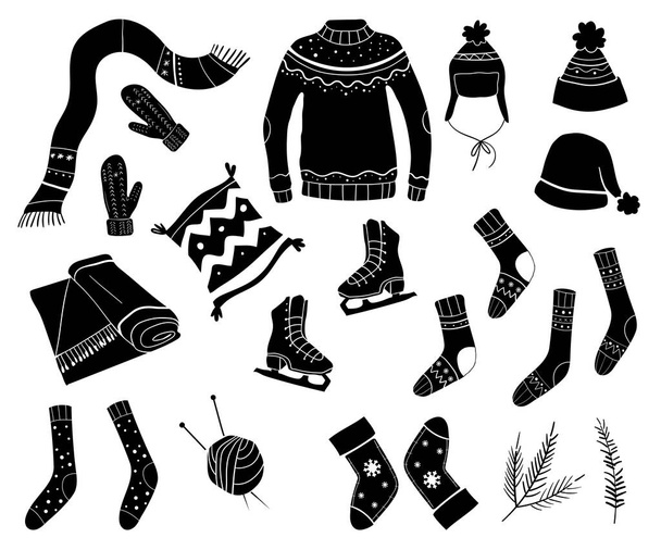 冬服、セーター、帽子、スカーフ、スケート、靴下のセット。白い背景に隔離されたアウターの黒いシルエット. - ベクター画像