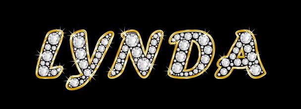 der Name lynda geschrieben in Bling-Diamanten, mit glänzend goldenem Rahmen - Foto, Bild