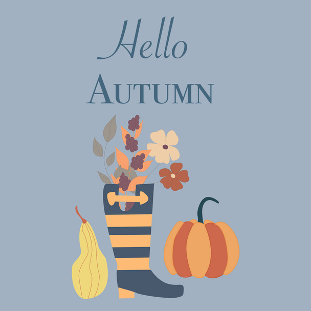 Vector illustration with autumn flowers, pumpkins and rubber boots - Vektör, Görsel
