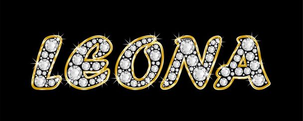 der Name leona geschrieben in Bling-Diamanten, mit glänzend goldenem Rahmen - Foto, Bild