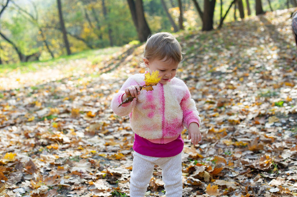 niño feliz, niña riendo y jugando en el otoño en la naturaleza caminar al aire libre
 - Foto, imagen