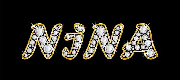 το όνομα Νίνα γραμμένο bling διαμαντιών, με λαμπρό, λαμπρό χρυσό πλαίσιο - Φωτογραφία, εικόνα