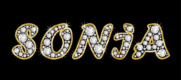 το όνομα Σόνια γραμμένο bling διαμαντιών, με λαμπρό, λαμπρό χρυσό πλαίσιο - Φωτογραφία, εικόνα