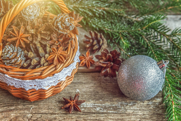 Christmas New Year composition on old shabby rustic wooden background. Xmas holiday december decoration - Zdjęcie, obraz