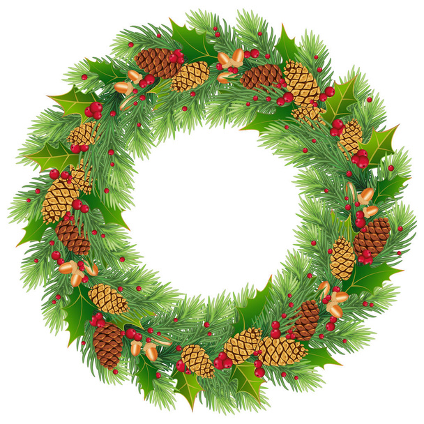 Christmas wreath of realistic Christmas tree brancheswith cones, - Vector, Image