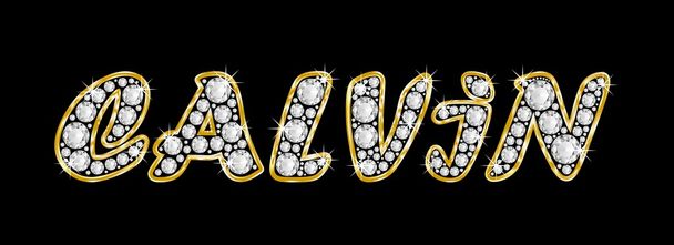 der Name Calvin in Bling-Diamanten geschrieben, mit glänzend goldenem Rahmen - Foto, Bild