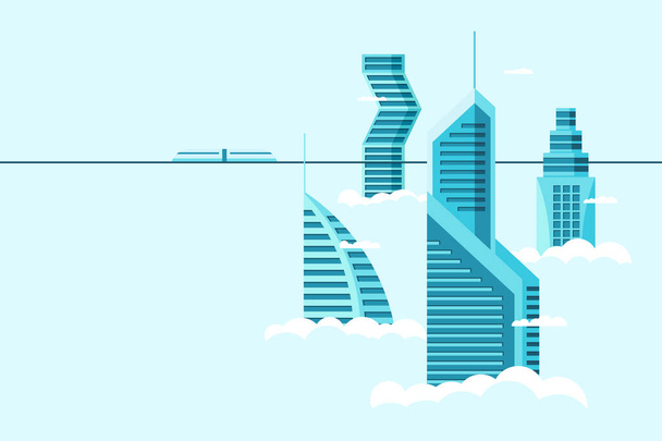Gedetailleerde toekomstige stad met verschillende architectuur hoge gebouwen wolkenkrabbers appartementen boven wolken. Futuristische stad en trein. Vector vastgoed bouw boven lucht illustratie - Vector, afbeelding