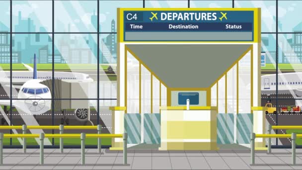 Πίνακας αναχωρήσεων στον τερματικό σταθμό του αεροδρομίου με λεζάντα στη Λευκωσία. Ταξίδι στην Κύπρο loopable κινούμενα σχέδια - Πλάνα, βίντεο