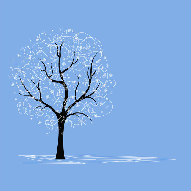 Декоративное зимнее дерево на синем фоне. Поздравительная открытка. Векторная иллюстрация
. - Вектор,изображение