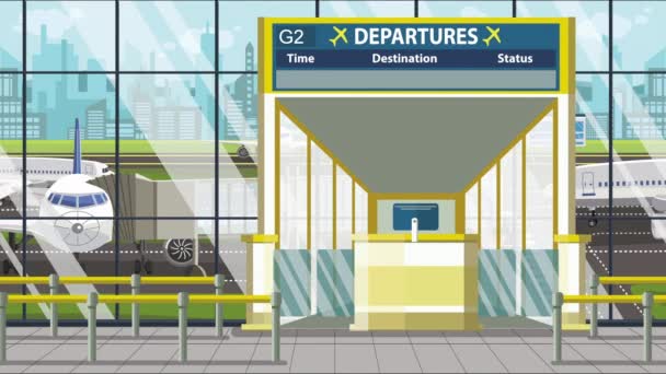 Luchthaventransport. Vertrekbord met Ljubljana tekst. Reizen naar Slovenië gerelateerde loopable cartoon animatie - Video