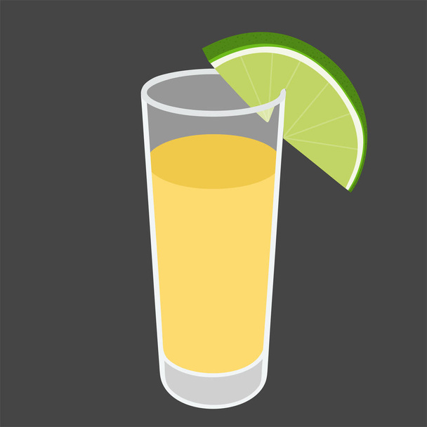 Panáka tequily s citrónem. Mexický alkoholický nápoj. Sklo izolované na šedém pozadí. Vektorová ilustrace. - Vektor, obrázek
