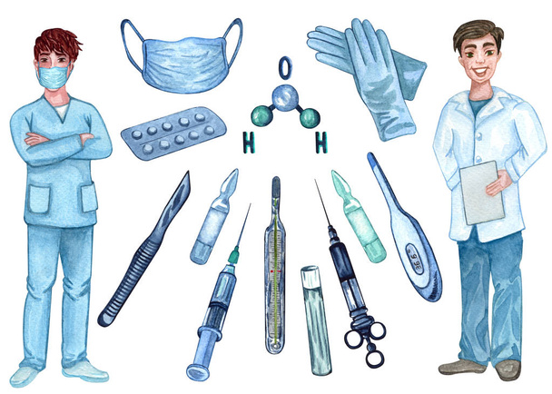 Medical set with syringe for injection, pills, vaccine and cute male doctors. Watercolor hand drawn illustration with medical supplies. - Photo, Image