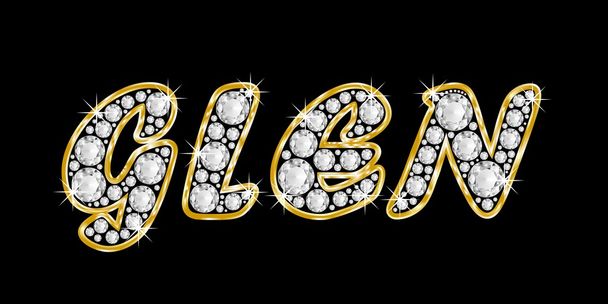 der Name Glen, geschrieben in Bling-Diamanten, mit glänzend goldenem Rahmen - Foto, Bild