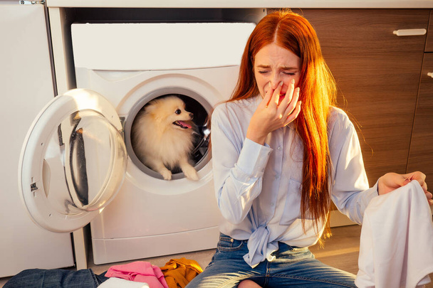 Fie, what stench Shocked excited redhaired girl wash pile of dirty smelly clothes ,her adorable fluffy spitz helpinh inside the washing machine at home - Foto, imagen