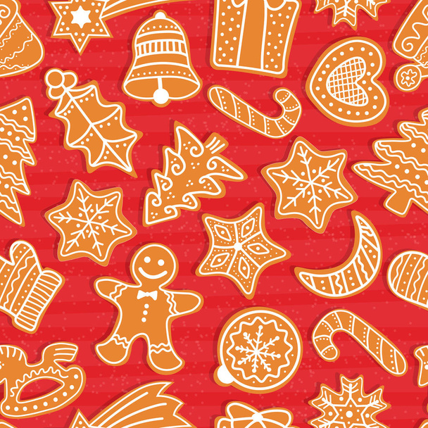 Vektor karácsonyi zökkenőmentes minta mézeskalács cookie-kat. Ünnepi sütés a téli ünnepekre. Mézeskalács férfiak és karácsonyfa, csillag, harang, ház, nád, szív, labda, félhold, jelen, fagyöngy. - Vektor, kép