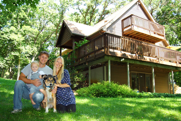 Happy Family and Dog by House - Photo, Image