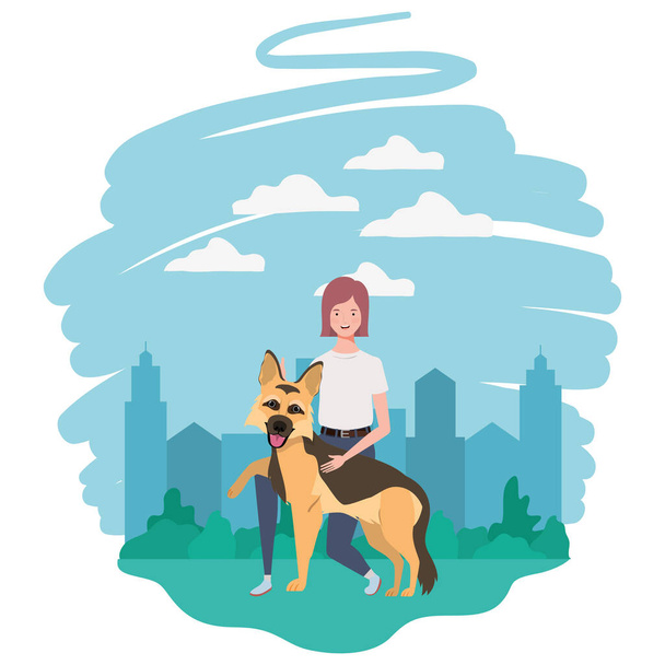 young woman with cute dog in the field - Vector, Image