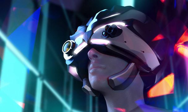 Futurista sci-fi rosto feminino no capacete com fundo de néon
. - Foto, Imagem