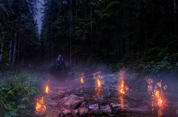Пейзаж нічний вид на ліс з відьмою і вогнем
. - Фото, зображення