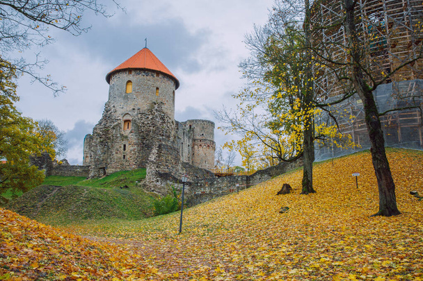 Ciudad Cesis, República de Letonia. Antiguo castillo y rocas, otoño. Histo.
 - Foto, imagen