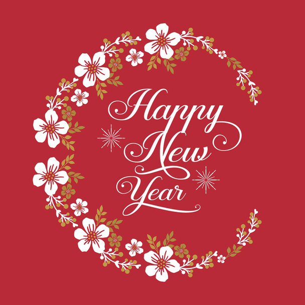 Lettering happy new year, with leaf flower frame motif, isolated on red background. Vector - Vecteur, image