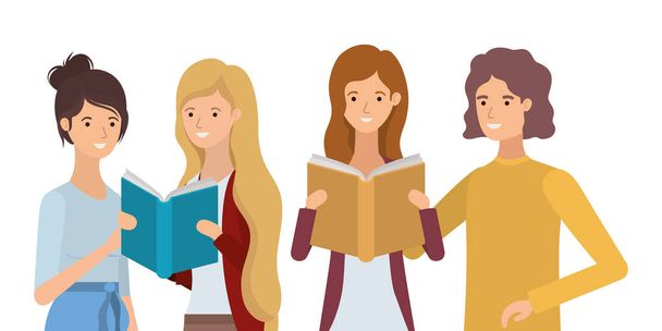 本を読んでいる女子学生のグループ - ベクター画像