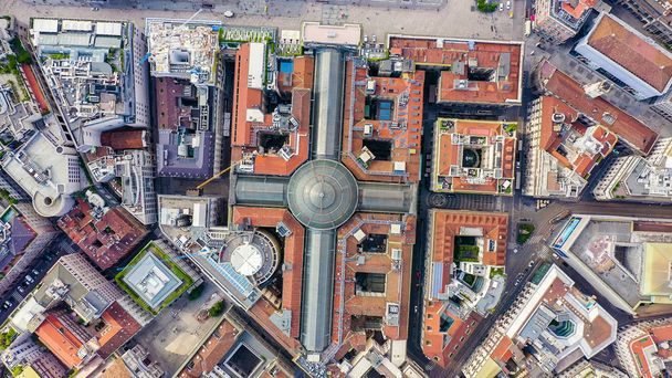 Milan, Italy. Gallery of Victor Emanuel II 1865-1877 year of construction. Roofs of the city aerial view, Aerial View, HEAD OVER SHOT  - Photo, image