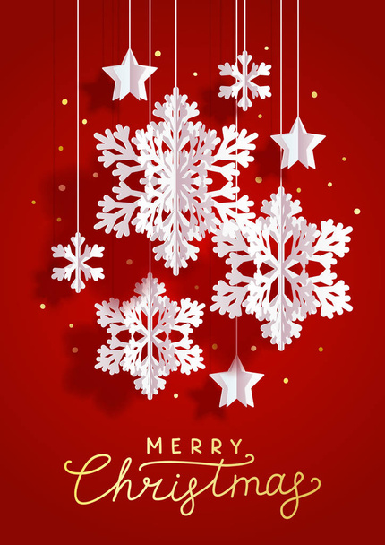 Pionowa kartka świąteczna z papierowymi płatkami śniegu i gwiazdkami - Wektor, obraz