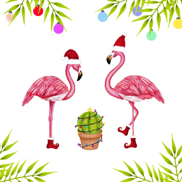 Merry Christmas background. Happy pink flamingo in a Santa hat and cactus in garland. Cute Navidad greeting card, print, label, poster, sign. Hand drawn mexico design. - 写真・画像