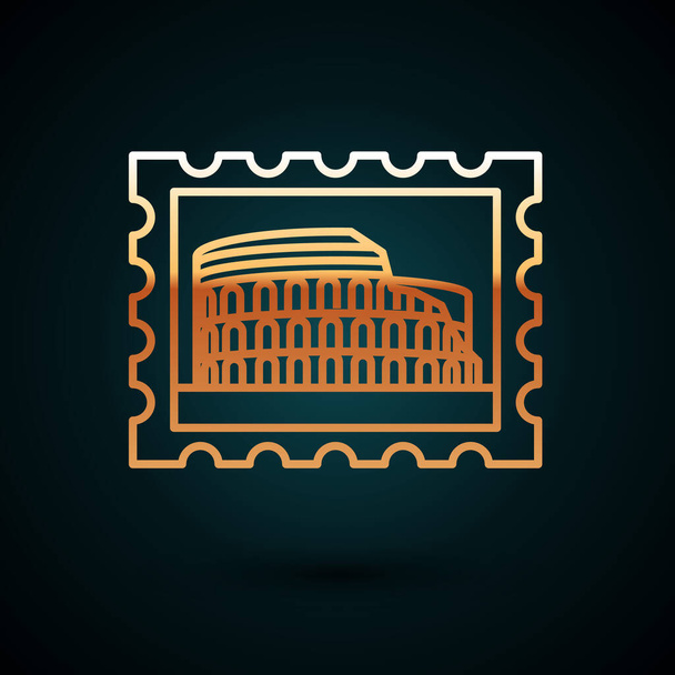 Gold line Postal stamp and Coliseum icon isolated on dark blue background. Colosseum sign. Symbol of Ancient Rome, gladiator fights. Vector Illustration - Vector, Image