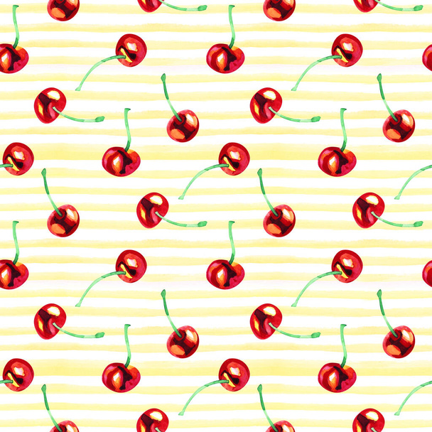 Watercolor seamless pattern with cherries. Hand drawn design. Hand drawn illustration. - Foto, imagen