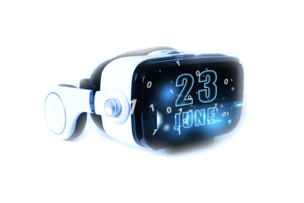 23 de junio. Día 23 del mes, fecha del calendario mes y día brilla en casco de realidad virtual o gafas VR. Tecnologías virtuales, futuro, realidad 3D, calendario virtual. Planeando. Gestión del tiempo. Conjunto de escalas
 - Foto, imagen