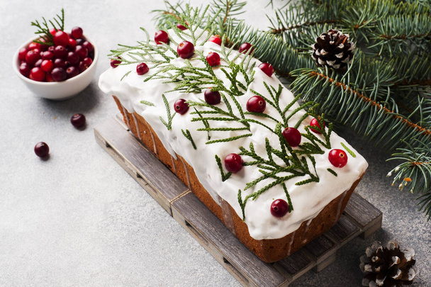 Traditional Christmas cake with cranberries on gray table background. Horizontal. Copy space. - Valokuva, kuva