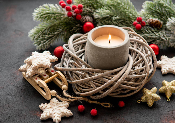 Candle and Christmas decorations - Фото, зображення