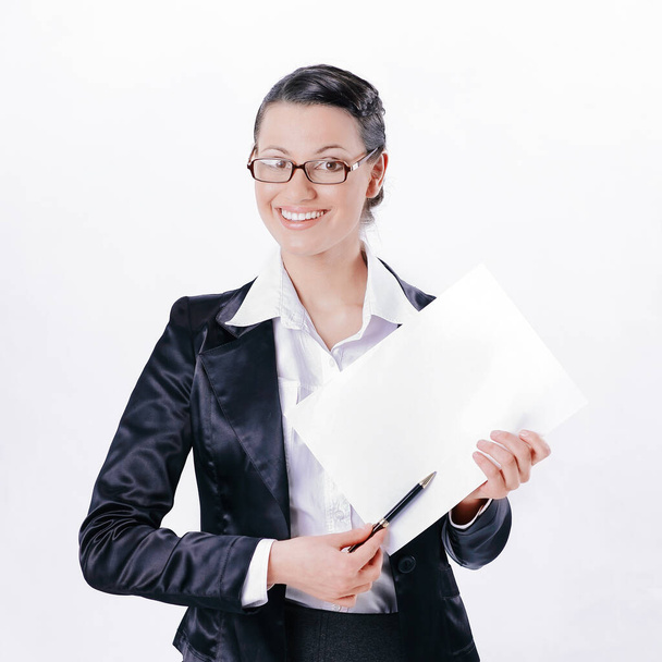 closeup.friendly business woman showing with pencil on the blank sheet. - Photo, image