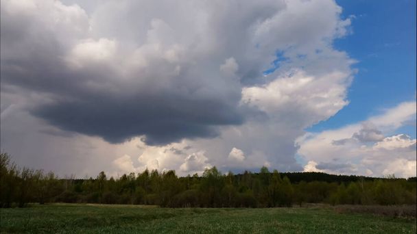 weiße Wolken über einem grünen Wald und am blauen Himmel, an einem warmen, sonnigen Sommertag - Foto, Bild