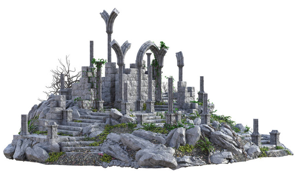 Ruinas de castillo antiguo representado en 3D sobre fondo blanco - Ilustración 3D
 - Foto, imagen