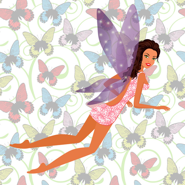 Beautiful little fairy and background with butterflies - Vettoriali, immagini