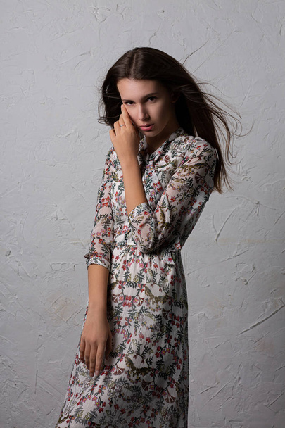 Ένδοξο κορίτσι φοράει κομψό φόρεμα ποζάροντας στο στούντιο - Φωτογραφία, εικόνα