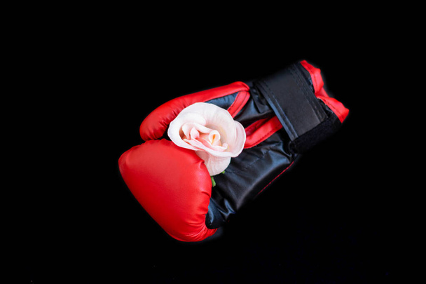 A hand in a boxing glove holds out a flower. The concept of intelligent, peaceful power - Φωτογραφία, εικόνα